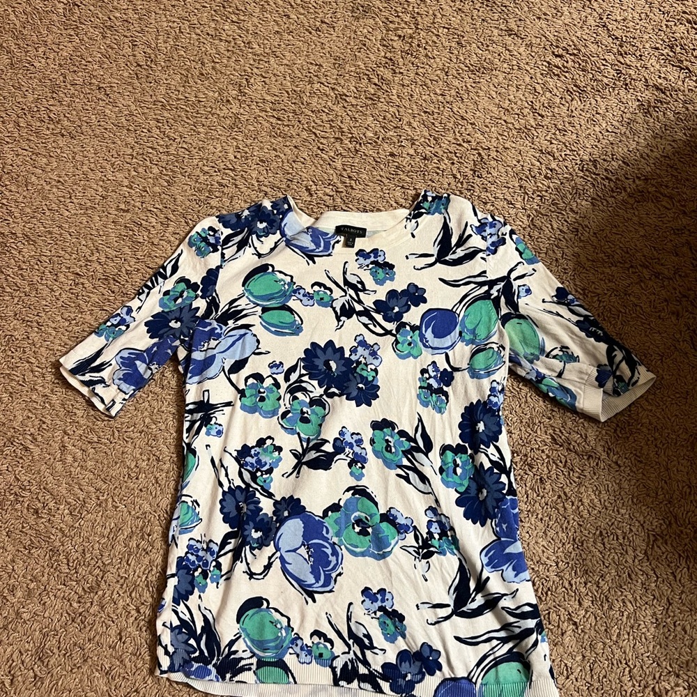 Talbots Blue and Green Floral Short Sleeve Top